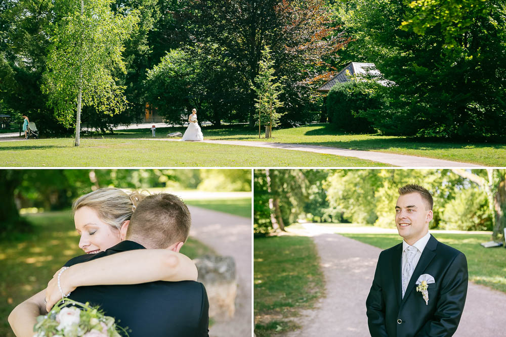 Hochzeit Park Braut Bräutigam Umarmung