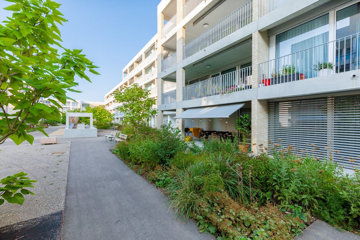 Immobilienfotografie Baufeld Suhr Aussenansicht Richtung Spielplatz
