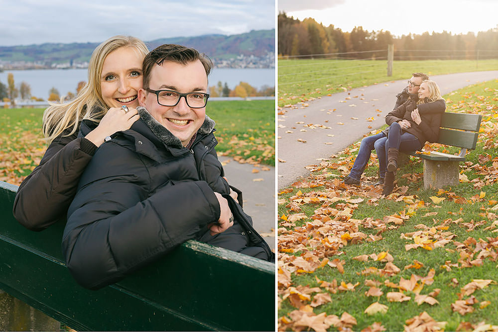 Fotos Einladungskarte Hochzeit Herbst Laub See Sitzbank